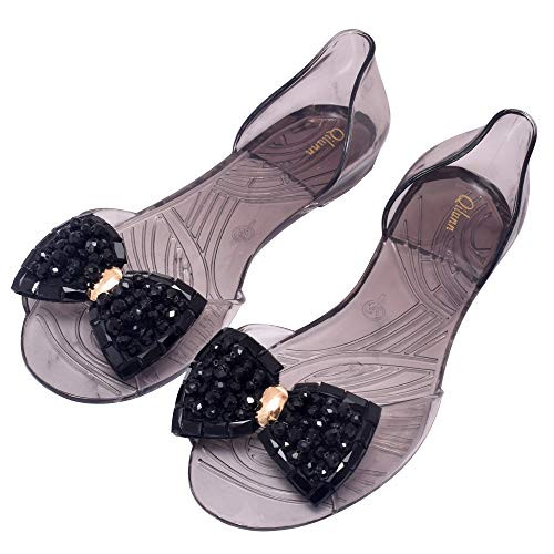 Women's Crystal Sandals Bow Pearl D-orsay Jelly Slip on Outdoor Rain Flats Sandals-US 9 Black-