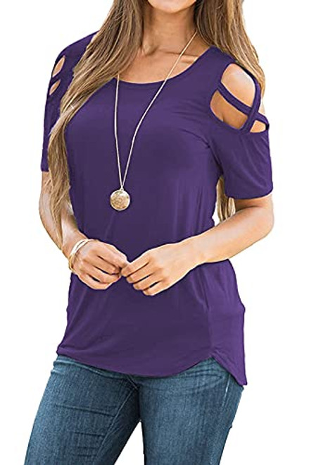 Sarin Mathews Womens Summer Strappy Cold Shoulder Short Sleeve Tunic Tops Casual Tees Loose Basic T Shirts Blouses Purple L Sarin Mathews Womens Summer Strappy Cold Shoulder Short Sleeve Tunic Tops Casual Tees Loose Basic T Shirts Blouses Purple L