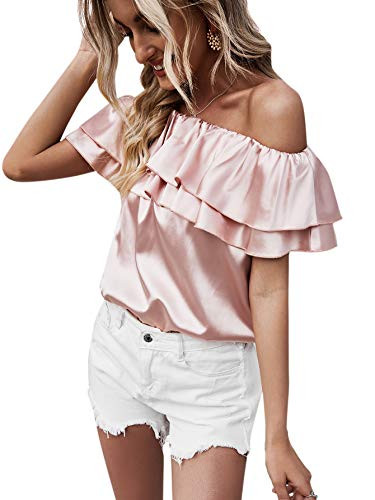 Verdusa Women's Elegant Off Shoulder Layered Ruffle Trim Satin Blouse Top Pink M
