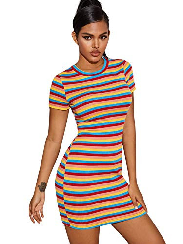Floerns Women's Casual Short Sleeve Striped Bodycon T Shirt Short Mini Dress A-Multi L
