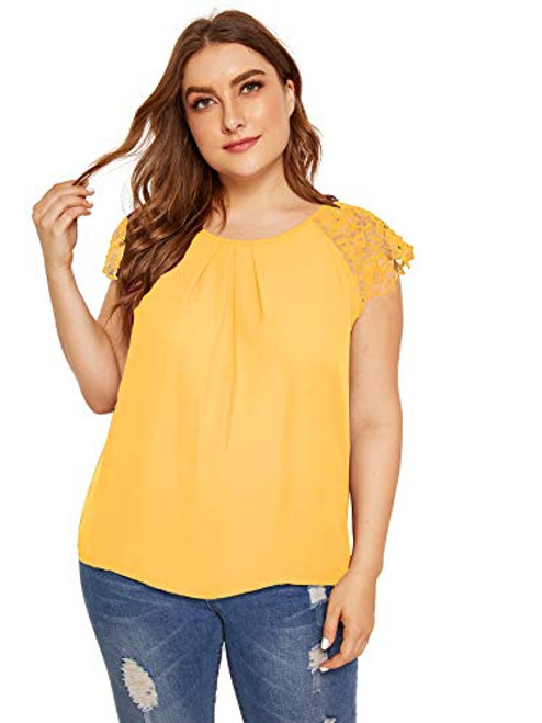 Milumia Women's Plus Size Round Neck Short Sleeve Pleated Lace Blouses Top Yellow 3X-Large Plus