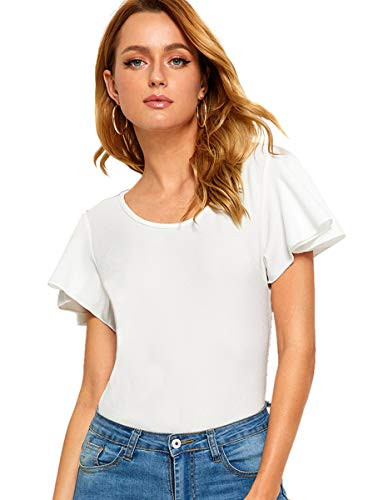 Romwe Women's Summer Ruffle Short Sleeve Slim Fit Casual Blouse Shirts Top Solid White S