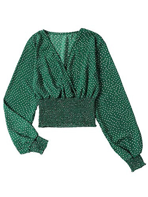 LYANER Women's V Neck Shirred Polka Dots Long Sleeve Frill Crop Blouse Shirt Tops Deep Green Large LYANER Women's V Neck Shirred Polka Dots Long Sleeve Frill Crop Blouse Shirt Tops Deep Green Large