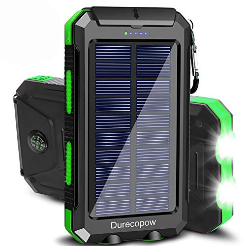 Solar Charger- Durecopow 20000mAh Portable Outdoor Waterproof Solar Power Bank- Camping External Backup Battery Pack Dual 5V USB Ports Output- 2 Led Light Flashlight with Compass -Green- Solar Charger- Durecopow 20000mAh Portable Outdoor Waterproof Solar Power Bank- Camping External Backup Battery Pack Dual 5V USB Ports Output- 2 Led Light Flashlight with Compass -Green-
