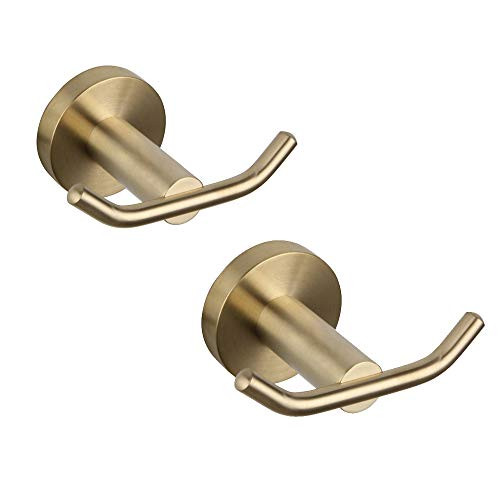 GERZ SUS 304 Stainless Steel Bath Double Coat Hook Towel/Robe Clothes Hook for Bathroom Kitchen Modern Hotel Style Wall Mounted Brushed PVD Zirconium Gold 2 Pack