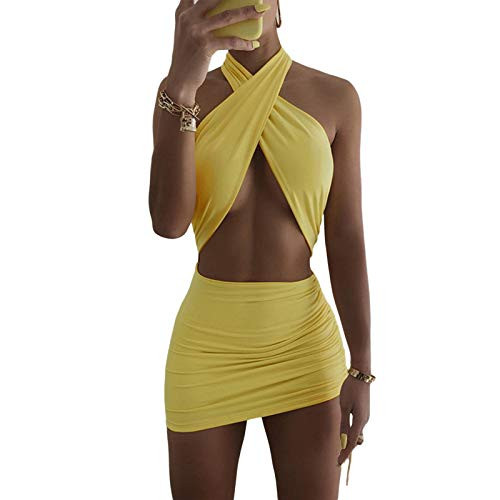 Women's Sexy Bodycon Criss Cross Dresses Halter Hollow Out Backless Slim Fit Sleeveless Mini Dresses -Yellow- M-