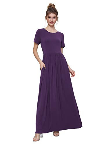 Weintee Women's Short Sleeves Maxi Dress with Pockets M Purple