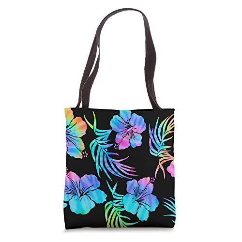 Tie Dye Hawaiian Print Hibiscus Floral Tropical Rainbow Tote Bag