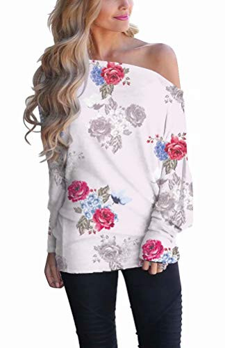 EZBELLE Women's Off Shoulder Long Sleeve T Shirt Oversized Pullover Sweatshirt Loose Tunic Tops Blouse Light Purple Floral Print Small