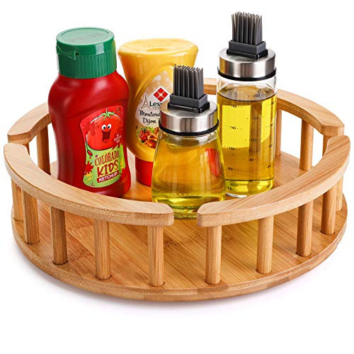 Fasmov 12 Inch Diameter Bamboo Lazy Susan Turntable- Kitchen Single Tier Bamboo Lazy Susan Cabinet Organizer- 360 Degree Rotating with Double Handles for Cabinet or Countertop Organize