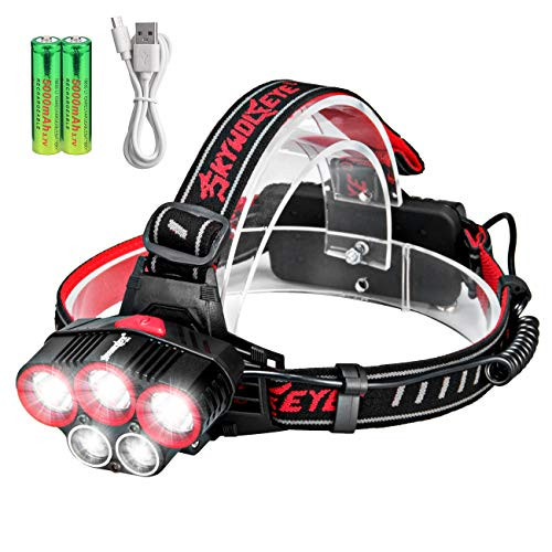 5 LED Headlamp Rechargeable High Lumen 15000 Lumens Headlamps 4 Modes With 2 Pack 18650 Rechargeable Battery Waterproof For Camping-Hiking- Outdoors -2 Battery included-