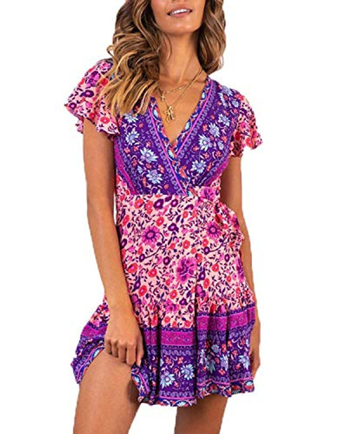 REDWOON Womens Summer Bohemian Floral Print Mini Dress Wrap V Neck Ruffle Swing A Line Short Beach Party Dress Sundress -08 Floral- M- REDWOON Womens Summer Bohemian Floral Print Mini Dress Wrap V Neck Ruffle Swing A Line Short Beach Party Dress Sundress -08 Floral- M-