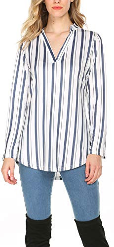 POGTMM Women's Casual Plaid V-Neck Loose Shirts Long Sleeve Tunic Blouses Tops -XL- Z Blue and White-