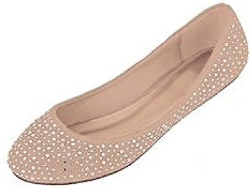 Womens Faux Suede Rhinestone Ballerina Ballet Flats Shoes 5 Colors -7/8- 4021 Nude-