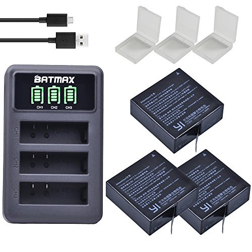 Batmax 3Pcs AZ16-1 Battery Plus LED USB 3-Slots Charger for Xiaomi YI AZ16-1-AZ16-2 and Xiaomi Yi 4K-Yi 4KPlus-Yi Lite-YI 360 VR Action Cameras