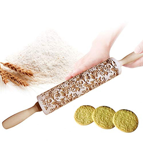 Uspacific Embossing Rolling Pin, Flower Pattern Wooden Laser Engraved Embossed Printing Rolling Pin DIY Tool for Homemade or Christmas Cookies