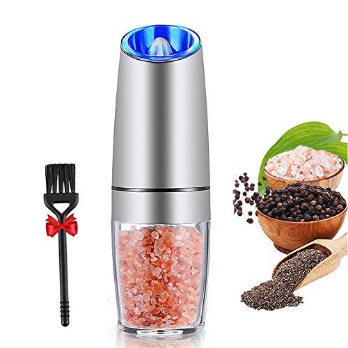 XinXu Gravity Electric Salt Shaker - Automatic Pepper Grinder - Pepper or Salt Mill Grinder- Battery-Operated with Adjustable Coarseness- Premium Stainless Steel with LED Blue Light- One Hand Operated