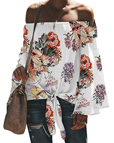 ACHIOOWA Women's Sexy Tops Off Shoulder Long Sleeve Blouse Tunic Swing Casual T-Shirt 103-White Floral S
