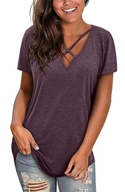 Womens Summer T Shirts Short Sleeve V Neck Tops Sexy Criss Cross T-Shirts Casual Loose Cotton Tees Purple Womens Summer T Shirts Short Sleeve V Neck Tops Sexy Criss Cross T-Shirts Casual Loose Cotton Tees Purple