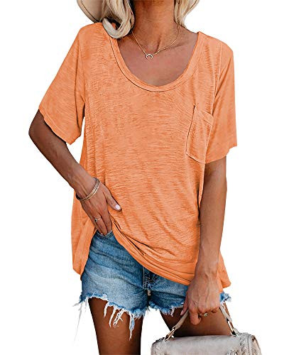 Womens Tunic T Shirts Short Sleeve Round Neck Soft Loose Shirts Summer Casual Tops with Pocket Orange