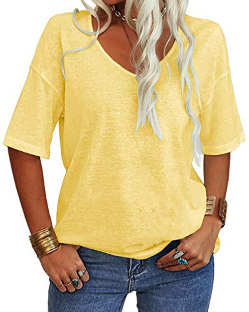 Tankaneo Women's Summer Fashion V-Neck Half Sleeves T Shirt Solid Casual Loose Basic Tunics Tops Yellow