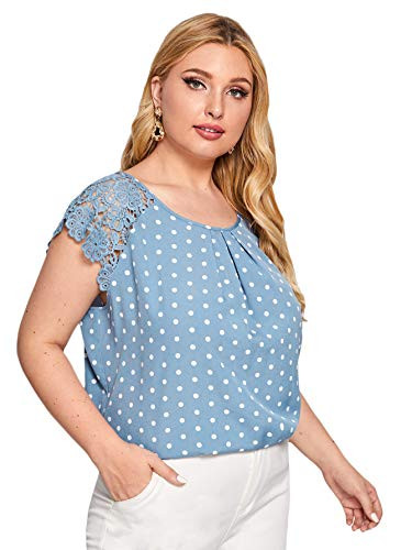 Romwe Women's Plus Size Short Sleeve Crew Neck Lace Hollow Casual Blouse Tops Light Blue 3X Plus
