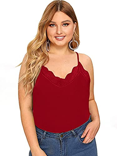 SheIn Women's Plus V Neck Sleeveless Lace Trim Spaghetti Strap Camisole Cami Tank Top Pure Red XX-Large Plus