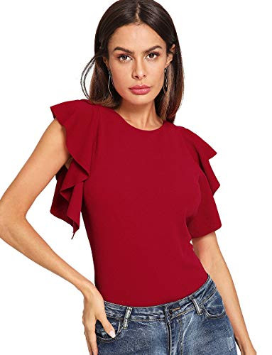 Romwe Women's Ruffle Sleeve Solid Elegant Wear to Work Blouse Top Burgundy M