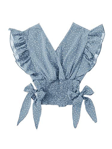 SheIn Women's Polka Dots V Neck Ruffle Blouse Short Sleeve Shirred Knot Crop Tops Dusty Blue Medium