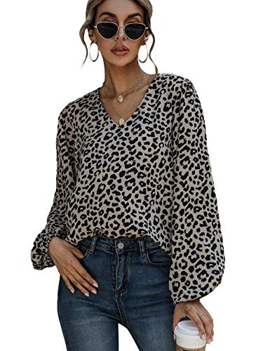 Romwe Women's Leopard Print Shirts Bishop Long Sleeve V Neck Blouse Tops Brown M