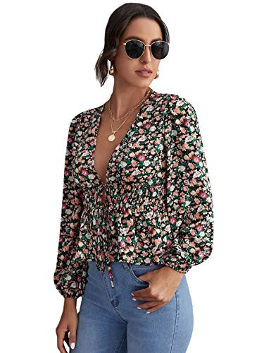 Romwe Women's Floral Long Sleeve Deep V Neck Ruffle Tie Knot Crop Tops Blouse Multicolor XS