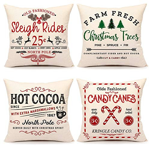 4TH Emotion Farmhouse Christmas Pillow Covers 16x16 Set of 4 Winter Holiday Decorations Xmas Rustic Throw Cushion Case for Sofa Couch Home Decor -Sleigh Rides- Farm Fresh Tree- Cocoa- Candy Canes-