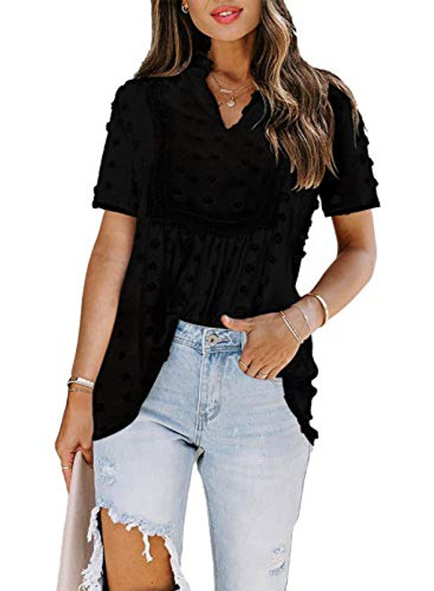 Astylish Women Summer V Neck Short Sleeve Casual Swiss Dot Top and Blouse Loose Pom Pom Shirt Black XX-Large Astylish Women Summer V Neck Short Sleeve Casual Swiss Dot Top and Blouse Loose Pom Pom Shirt Black XX-Large