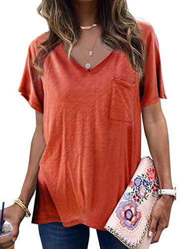 AlvaQ Womens Summer Loose Crewneck Short Sleeve Shirts Plus Size V Neck Tunic Tops Blouses Orange 2X