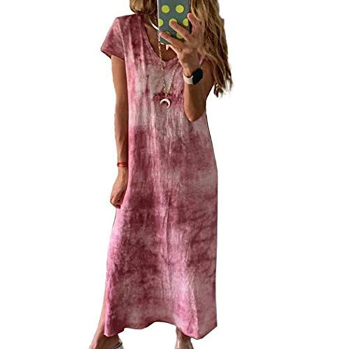 Women's Summer Maxi Dress V-Neck Short Sleeve Casual Loose Long Tie Dye Dress with Split Wine Red