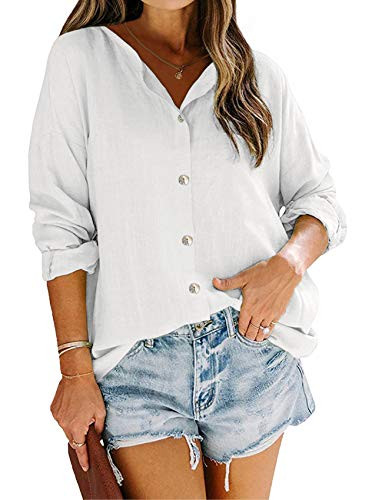 Makkrom Womens Linen Shirts Button Down Long Sleeve V-Neck Blouse Casual Work Plain Tops White