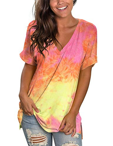 Women's Short Sleeve V-Neck Tie Dye Loose Casual Tee T-Shirt Tops