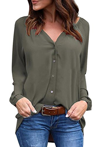 OMZIN Loose Plain Chiffon Blouse for Women V Neck Cuffed Sleeves Blouse Top Army Green XL