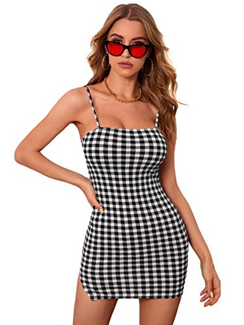 Milumia Women's Plaid Dress Spaghetti Strap Sleeveless Bodycon Pencil Cami Mini Dress Black and White X-Small