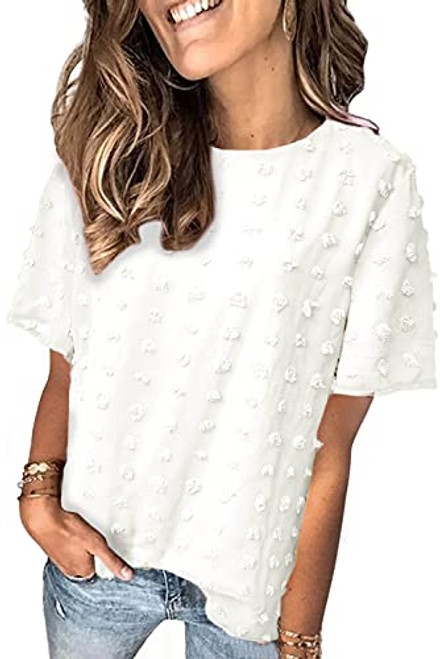 Womens Chiffon Blouse Summer Casual Round Neck Short Sleeve Pom Pom Shirts Tops White L