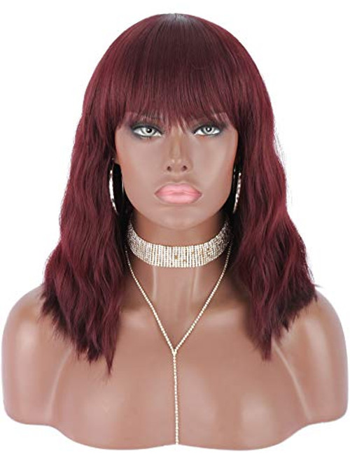 Kalyss Short Synthetic 99J Burgundy Wig with Hair Bangs Short Wavy Curly Wig for Women -Natural Looking and Heat Resistant Full Head Hair Replacement Wig for Daily Wear or Costume Wig