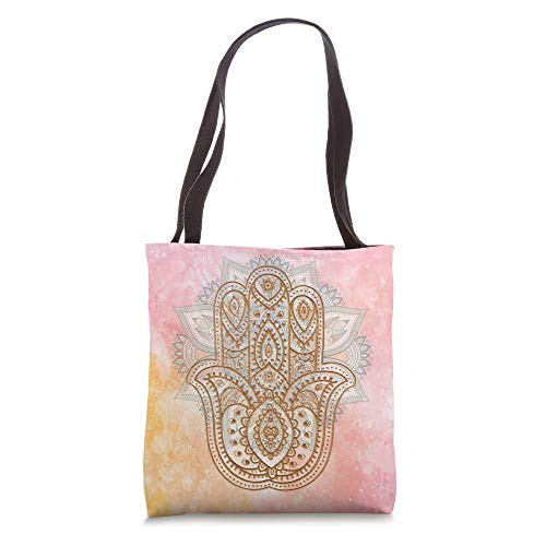 Hand Of Fatima Hamsa Khamsa Mandala Pink Gold tribal namaste Tote Bag