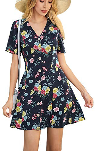 Yoonsoe Women's Summer Casual Short Sleeves Floral Dress V Neck Button Down Short Mini Dress- Navy Blue- XXL