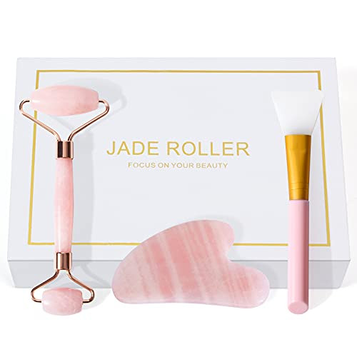 MAGEFY Jade Roller and Gua Sha Set-Jade Roller for Face-100 percent Natural Rose Quartz Gua Sha Facial Tools-Jade Facial Roller Eye Roller For Puffy Eyes-Reduce Wrinkles MAGEFY Jade Roller and Gua Sha Set-Jade Roller for Face-100 percent Natural Rose Quartz Gua Sha Facial Tools-Jade Facial Roller Eye Roller For Puffy Eyes-Reduce Wrinkles