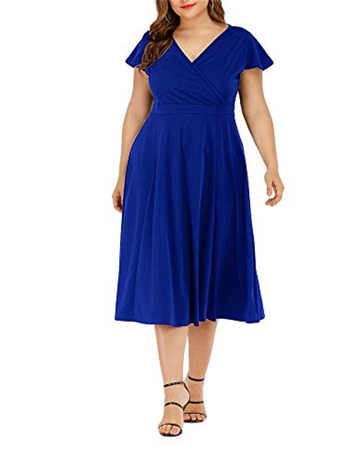 Agmibrelr Women's Flutter Sleeve Dress Deep V Neck A-Line Swing Plus Size Midi Dresses Blue 2XL