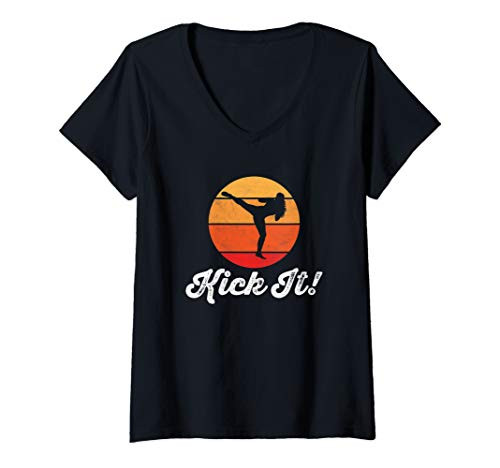 Womens Kick It Vintage Female Karate Kick  and  Sun Retro Graphic V-Neck T-Shirt