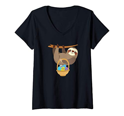 Womens Sloth Easter Shirt With Easter Basket V-Neck T-Shirt