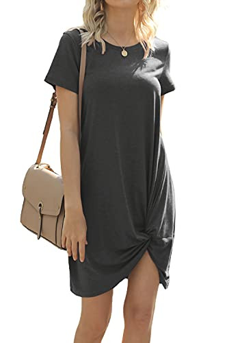 Women's Short Sleeve Dress Side Knot Dress Casual Twist Knot Tshirt Round Neck Work Dress Dark Gray