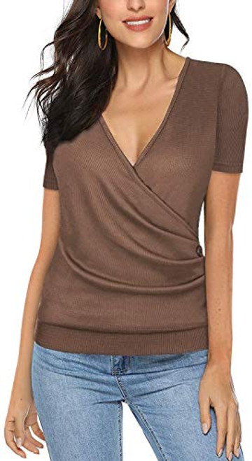 Women's Waffle Knit Buttons Wrap V Neck Short Sleeve Casual Tunic Blouse Top Shirts -Short Sleeve Coffee- M-