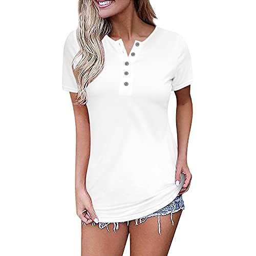 Davenil Women's Short Sleeve T-Shirts V Neck Tunic Tops Button Henley Shirts Loose Casual Summer Blouses White Size XL
